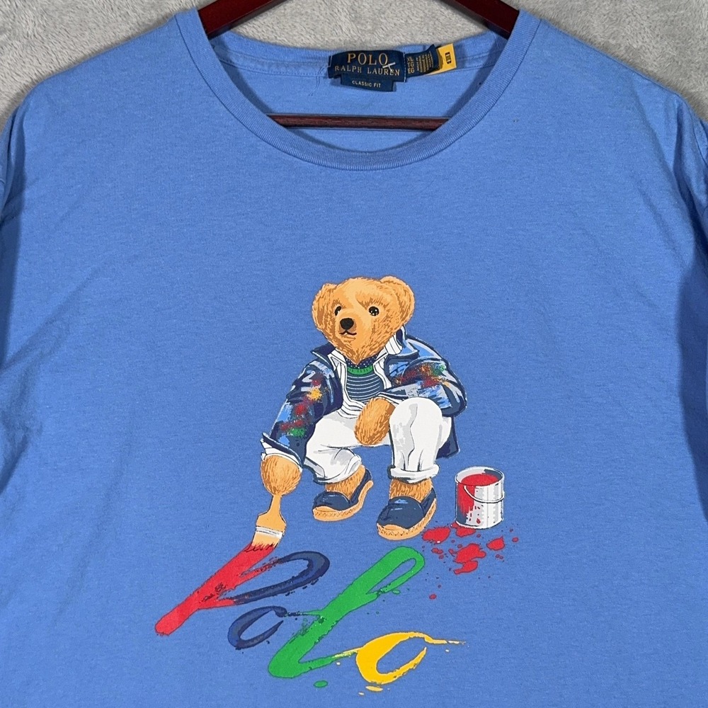 Polo Ralph Lauren Shirt Mens XL Blue Long Sleeve Painter Polo Bear Graphic Tee - Picture 2 of 9